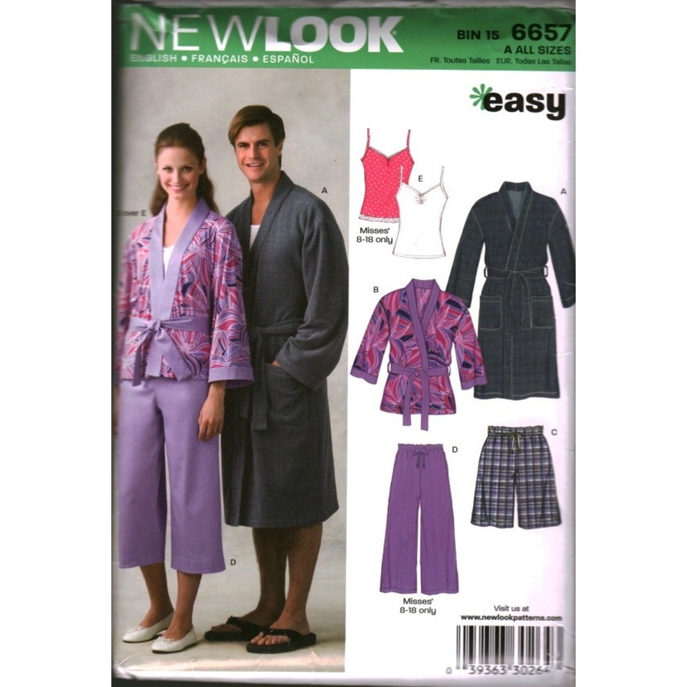 New Look 6657‎ Easy Sewing Pattern Unisex Robe Jacket Camisole Pants Shorts XS-L